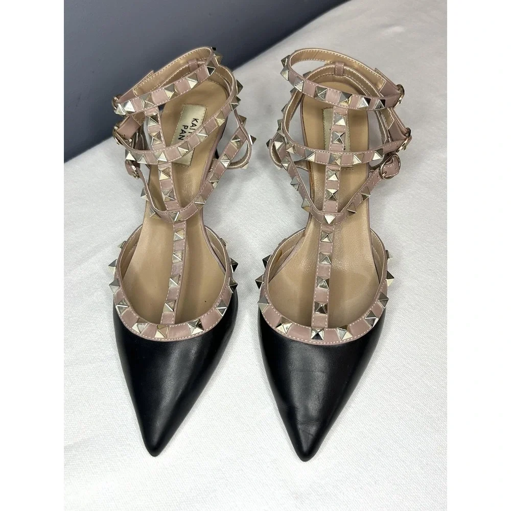 Kaitlyn Pan Shoes Womens 9 Black Studded Strappy Ankle Strap Pointed Toe Heels